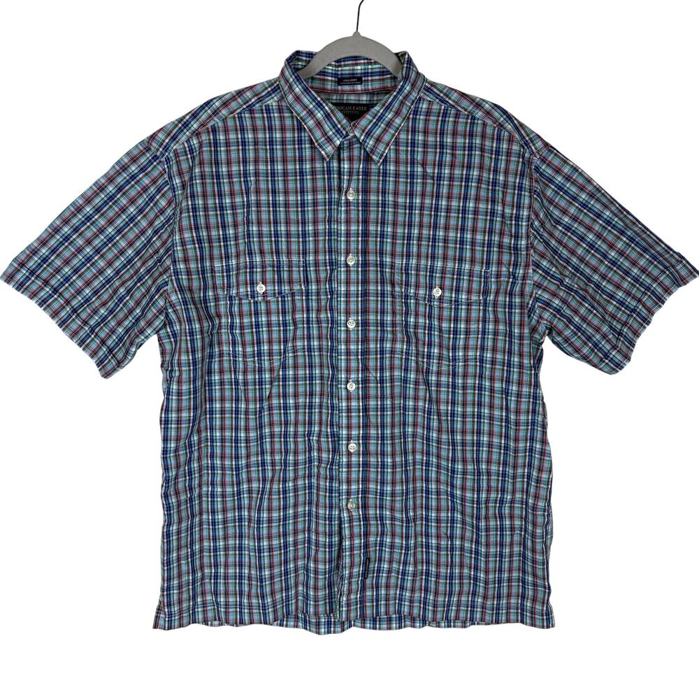American Eagle Axle Shirt Men L Multicolor Plaid Short Sleeve Button-Up